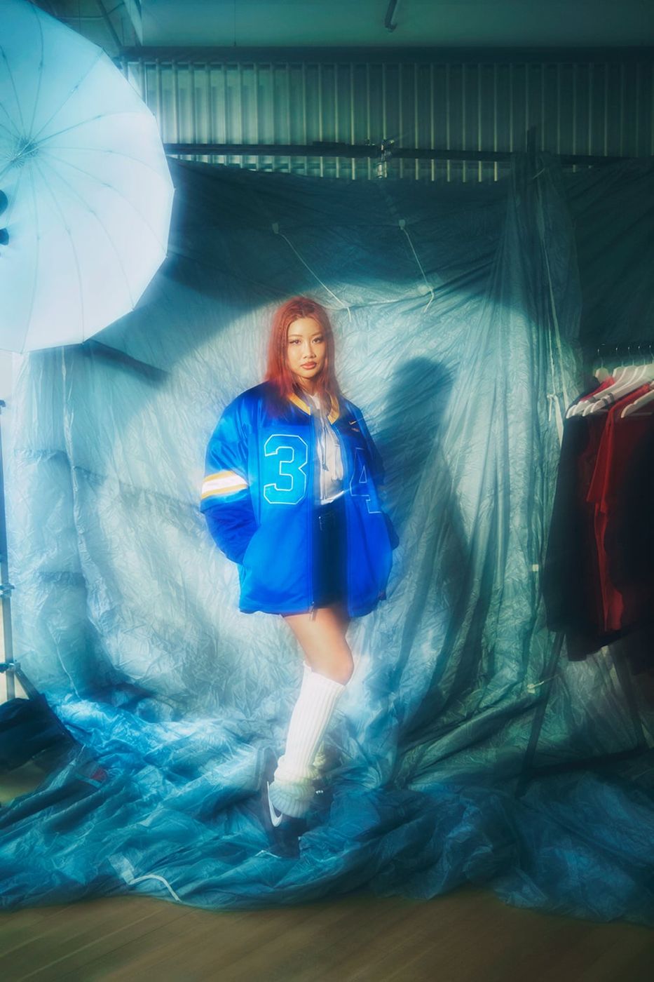 Yoon Ahn in blue Nike x Ambush jacket, studio
